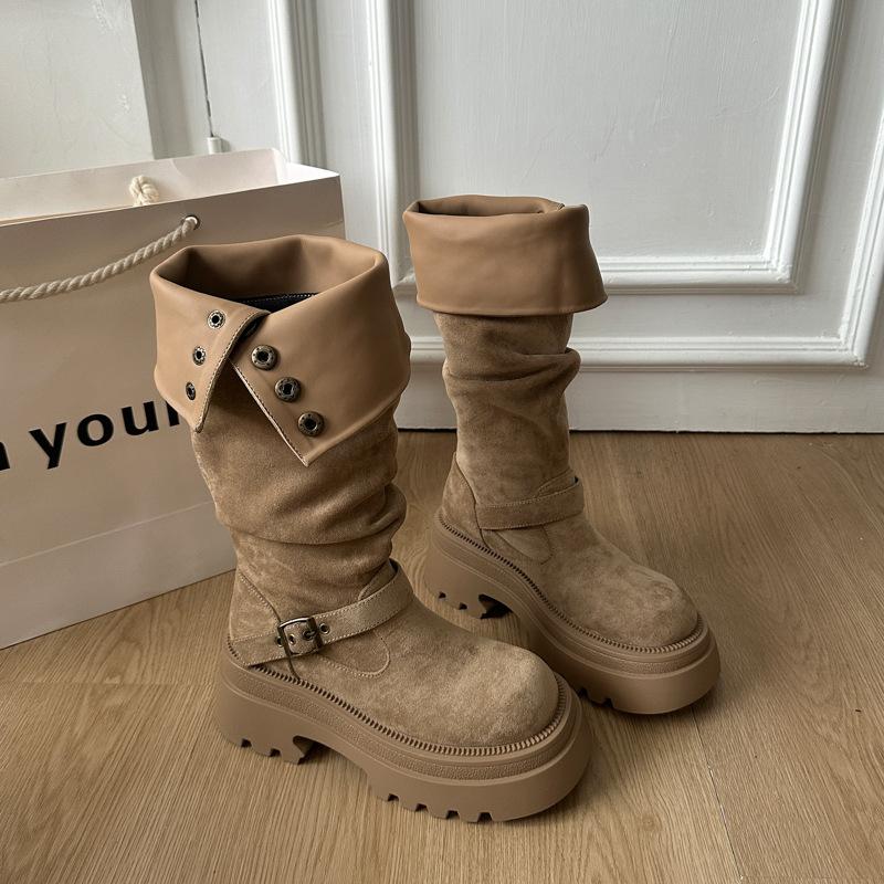 The Inner Height Is Increased by 10cm, Black Stacked Thick-soled Boots, Women's 2025 New Small Men Wear Tall Knight Boots.