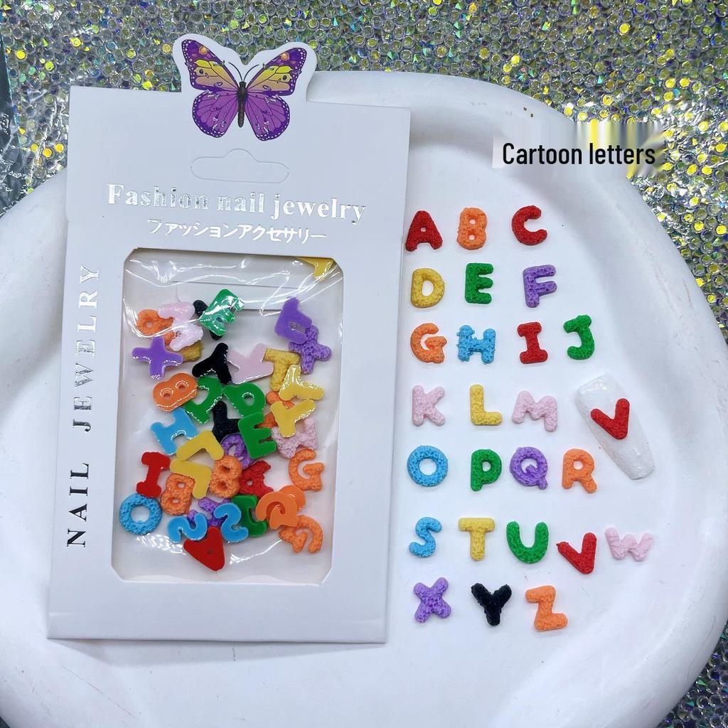 Winter Christmas Tree 3D Nail Art with Cartoon Fruit and Alphabet Design