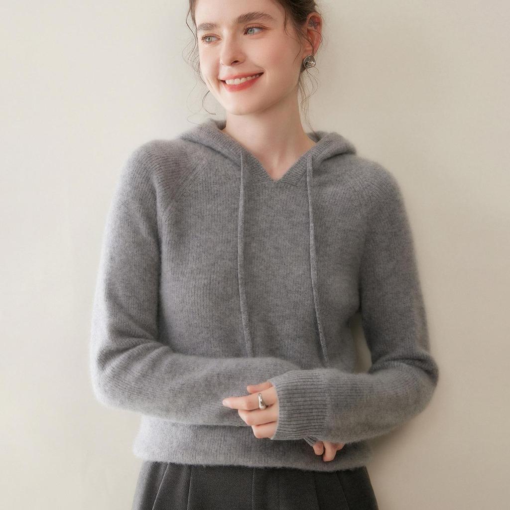 Autumn/Winter 2025 Women's Ribbed Cashmere Hoodie - Thick, Elegant, Solid Color, Warm Base Layer Sweater