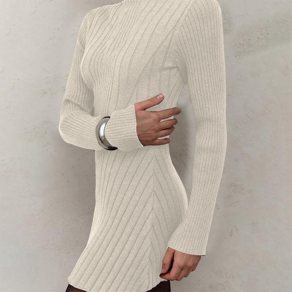 Women's Long-Sleeve Half-High Neck Elegant Playful A-Line Knit  Dress