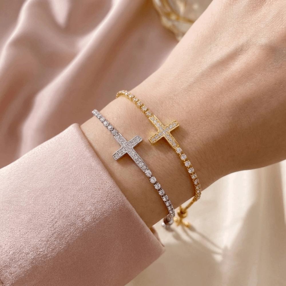 Light Luxury Cross Bracelet Adjustable Elegant Fine Bangle Girl Gift Zircon Paved Bracelet Gift