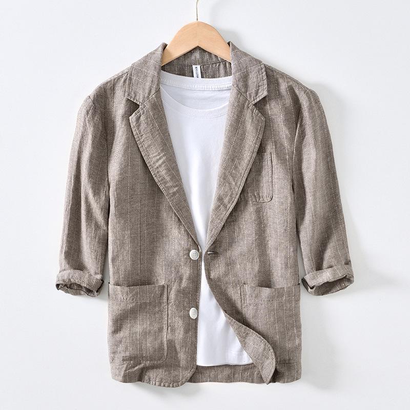 Summer Men's Suits&blazers Japanese Retro Style Stripes Cotton Linen Three Quarter Sleeve Blazer Jacket Slim Fit Casual Jacket