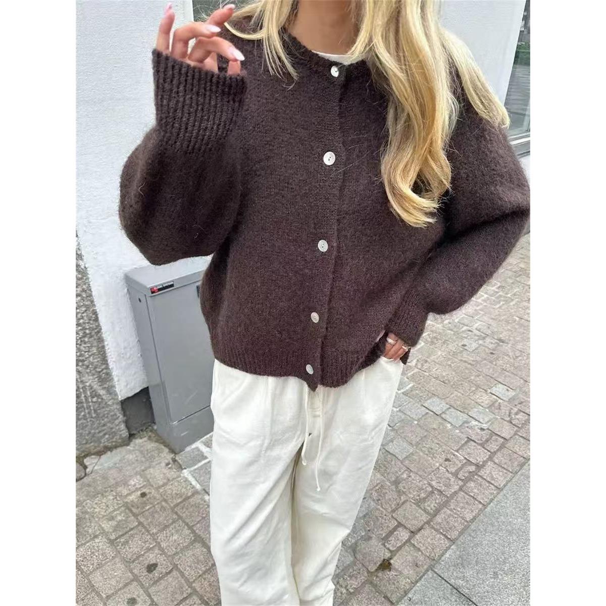 

Вязаный кардиган конфетных цветов для женщин, европейский и американский осенне-зимний однотонный кардиган, кардиган-свитер цвета макарон для женщин S темный кофе