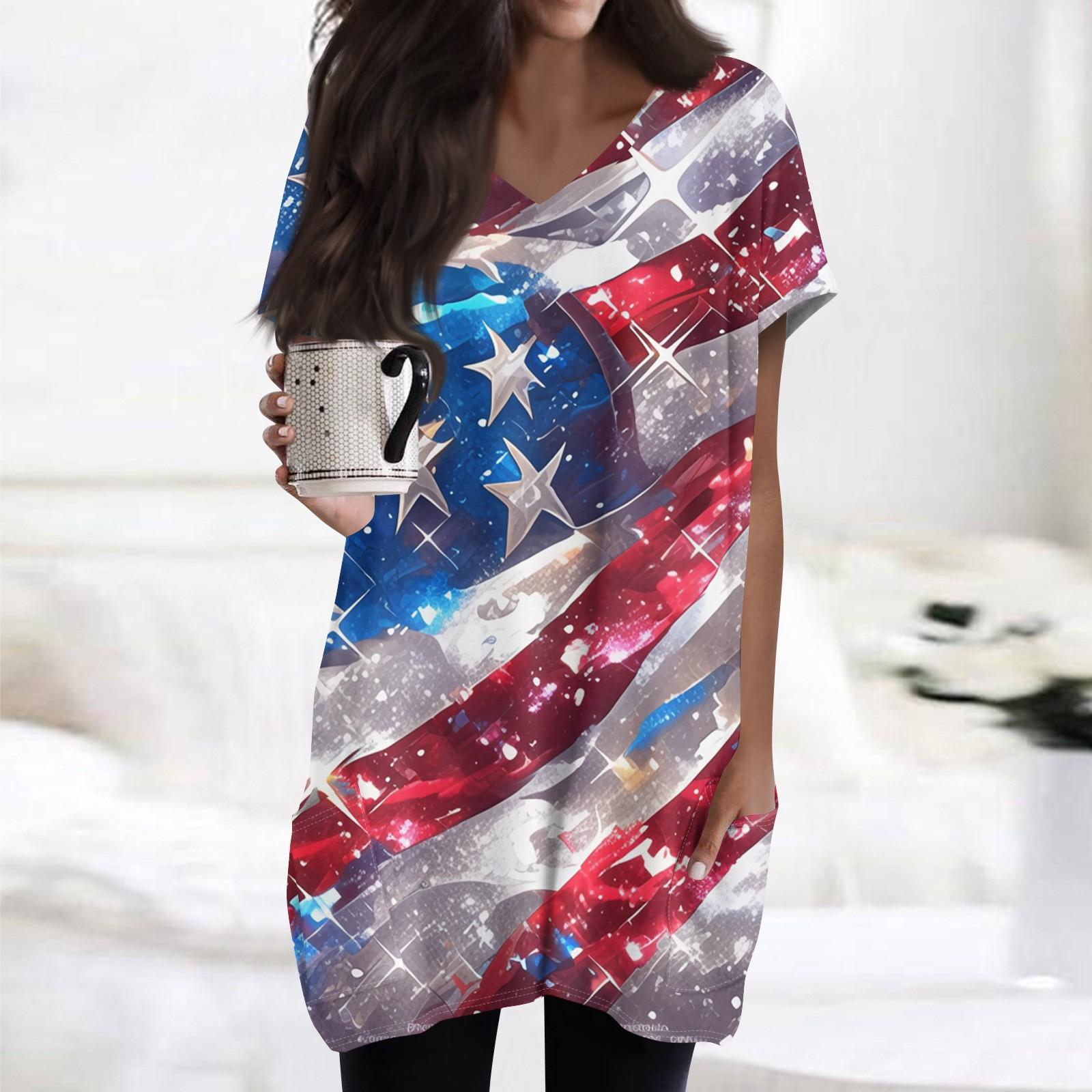 Women s Independence Day Flag Print V-Neck Midi Pocket Short Sleeve Top S