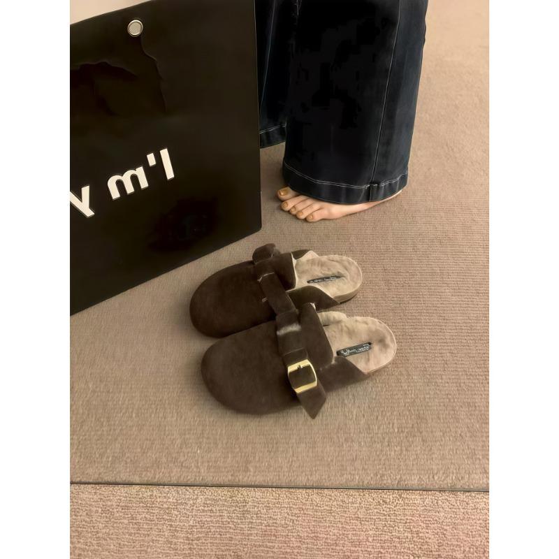 Retro belt buckle velvet slippers women's new lazy one-pedal warm bag head slippers