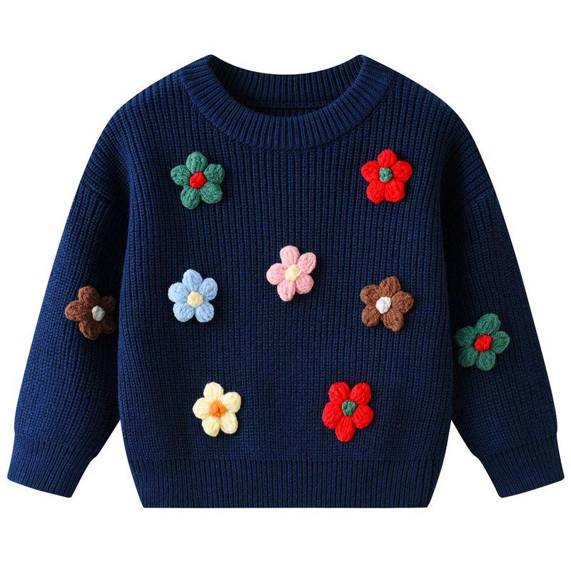 Autumn and Winter Children's Knitted Sweater, Cute Handmade Floral Cardigan for Girls, Long-Sleeved Round-Neck Jacket