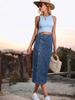 European & American Women's High-Waisted Buttoned Irregular Slit Midi Denim Skirt