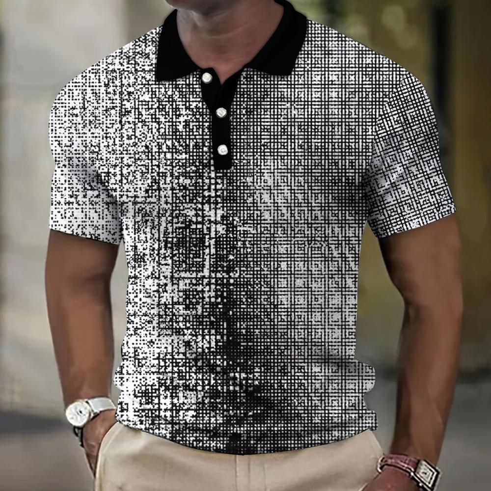 Men's 3D Plaid Print Casual Loose Short Sleeve Polo Shirt