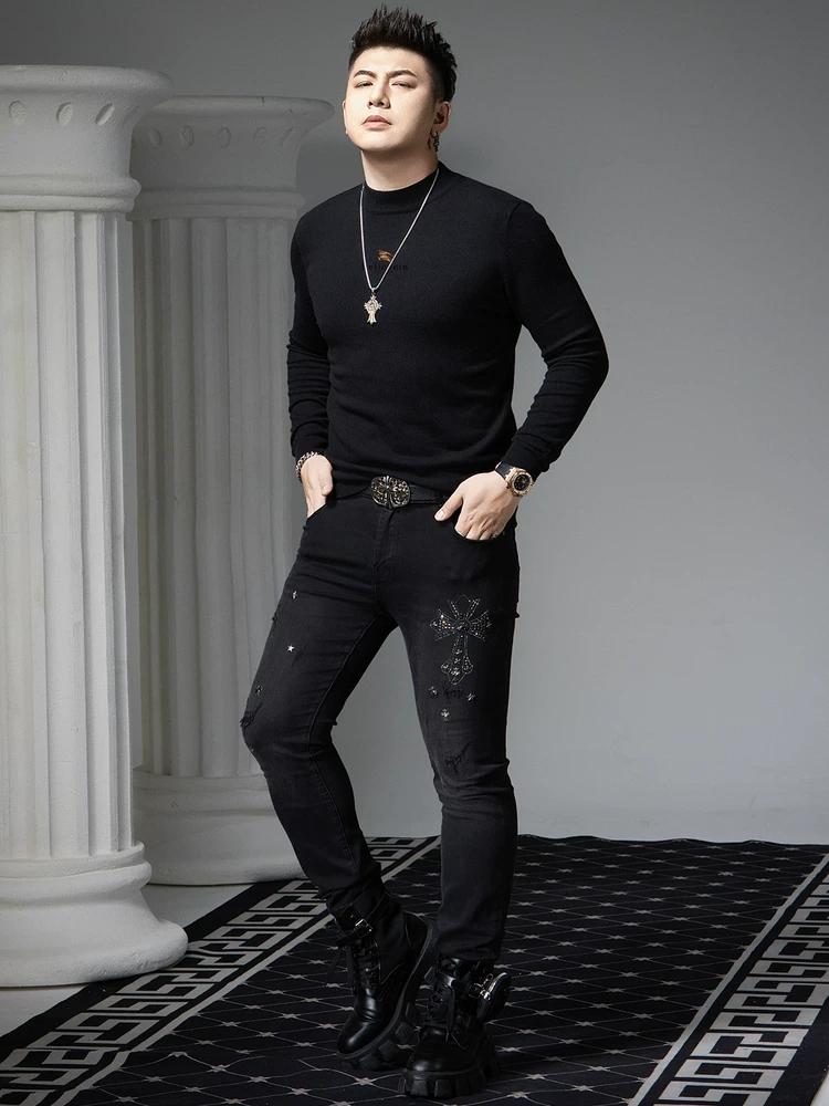 European-Style Half-Turtleneck Sweater for Men, Autumn Trendy Brand Printed Base Shirt, 2025 New Model, High-End Men's Knitwear