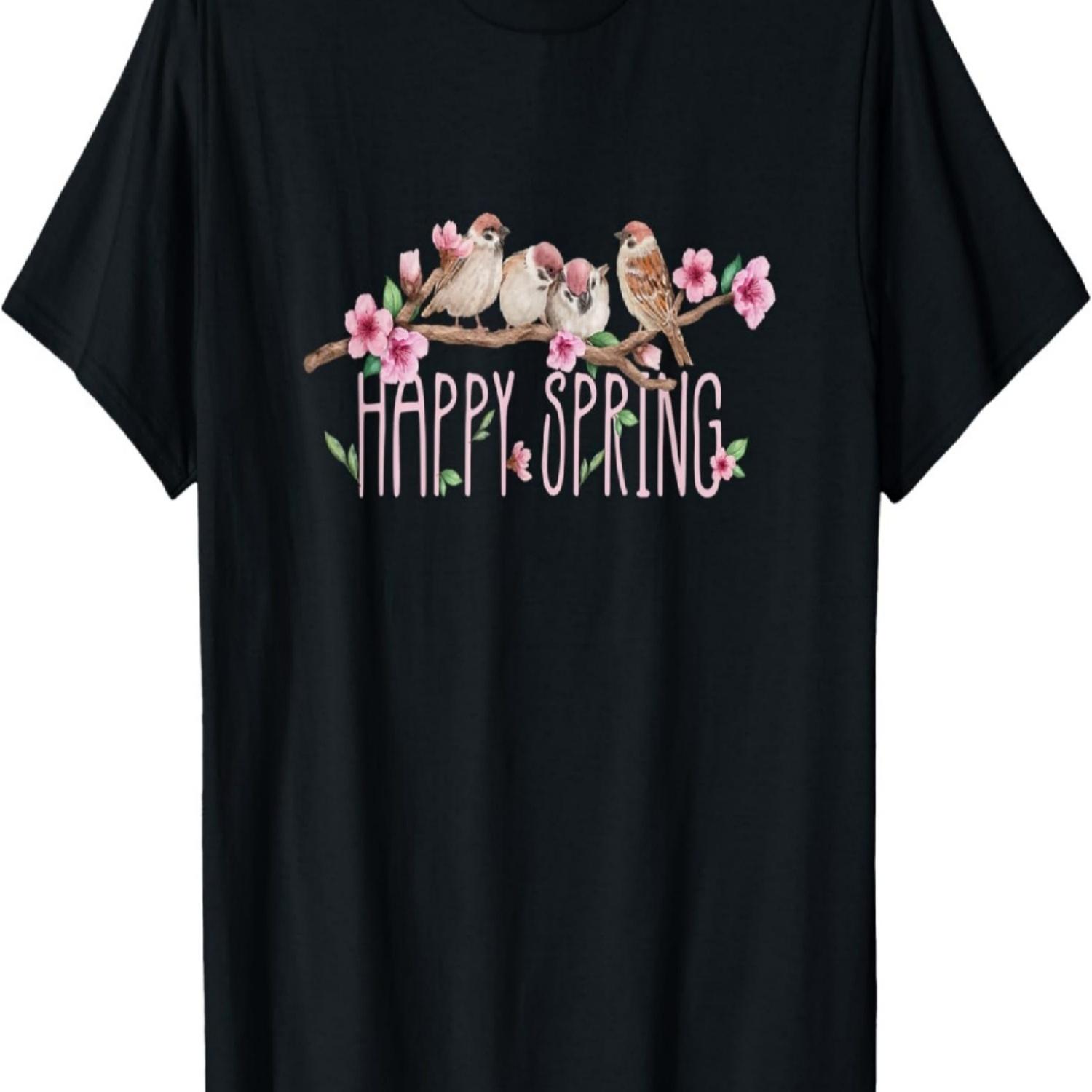 Happy Spring Birds Bird Lover Cherry Blossoms Birdwatching T-Shirt S чёрный