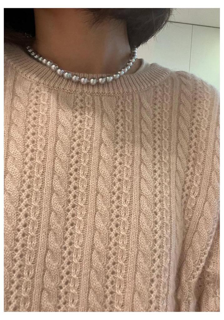 Women's 2025 Autumn Winter 100% Wool Round Neck Hollow Out Long Sleeve Loose Short Sweater Coat