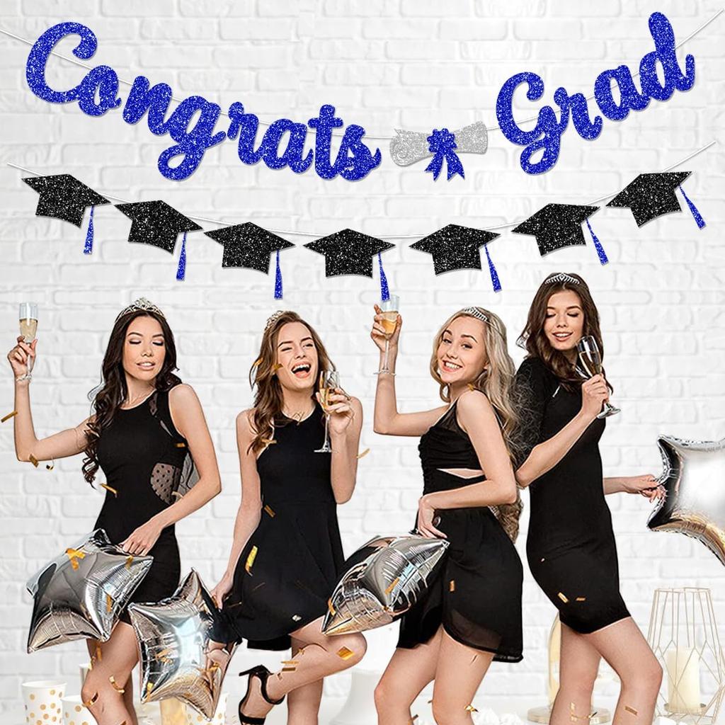 Congrats Grad Congratulations Decorations Banner Pre-Strung Glitter Blue Graduation Class of 2026 with Tassel Decor College High School Party Favors