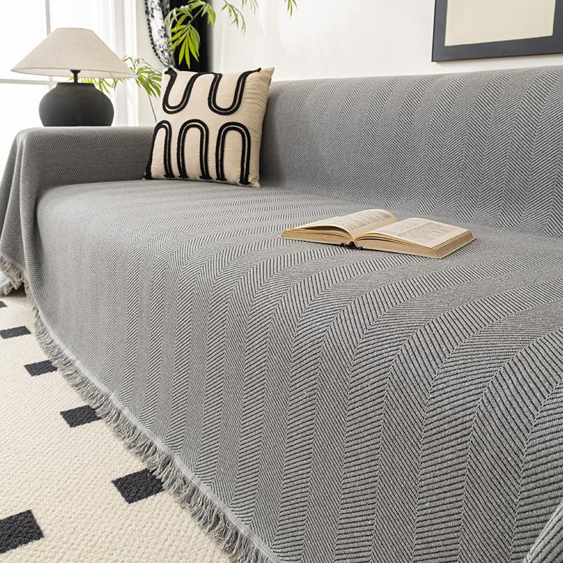 Fischgrätmuster Baumwolle und Leinen Sofabezug Decke Neu Kissen Vollbezug Sofatuch Komplett All-inclusive Universalbezug