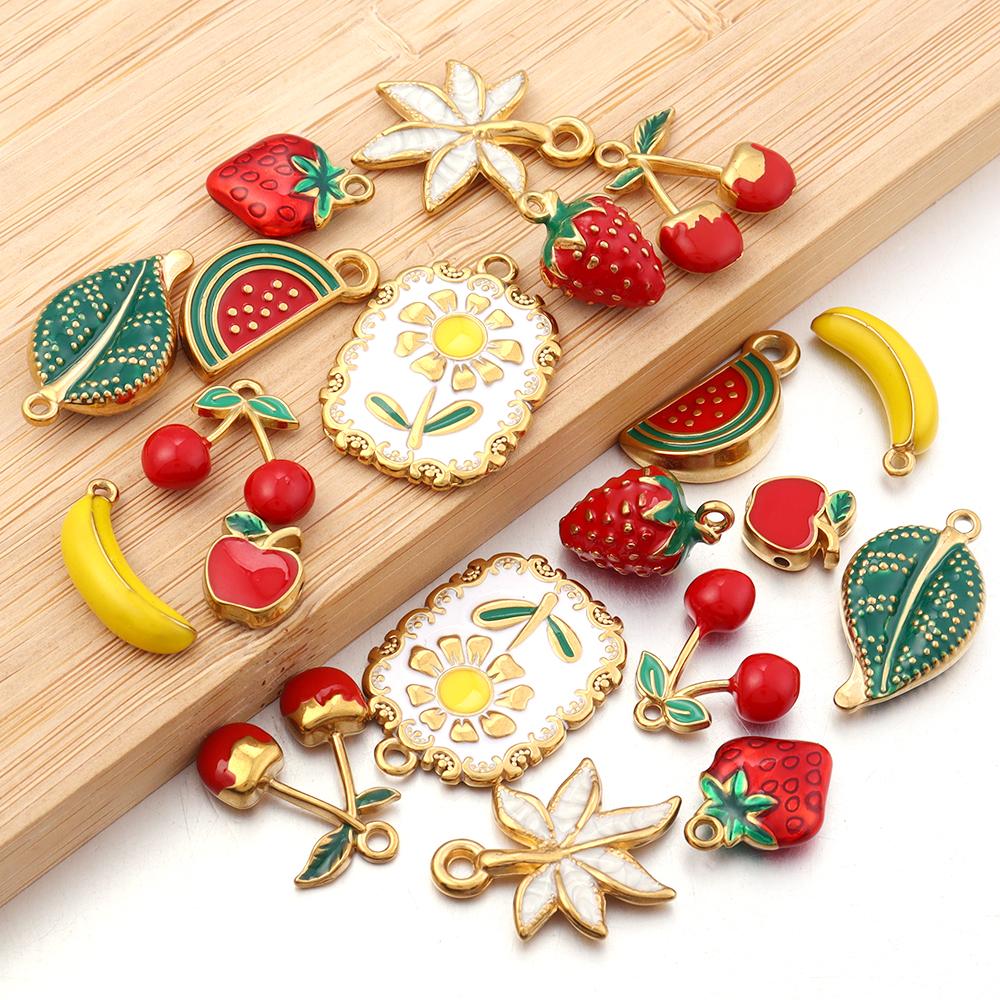 2pcs/lot Stainless Steel Enamel Charms Cute Fruit Strawberry Cherry Banana Flower Leaf Pendants For DIY Jewelry Making Necklace