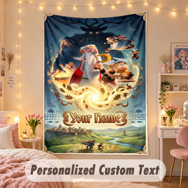Maßgeschneidigte personalisierte Wandteppich, Asterix & Obelix Druck Benutzerdefinierter Text Name Wandkunst zum Aufhängen für Schlafzimmer