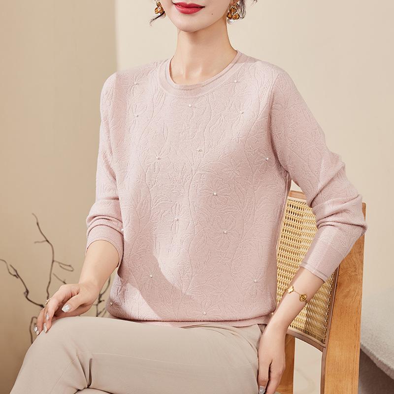 

Mom s Elegant Beaded Knit Top for Spring & Autumn - Loose Fit for Middle & Elderly Women 3XL (140-160 jin) рожевий
