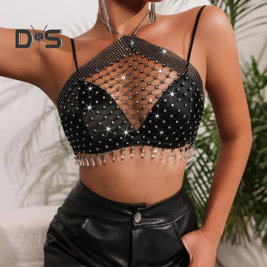 Sexy Halter Top Bez rukávů Bez zad Krátký top Dutá rybí síť Lesklé vsazené kamínky Perspektivní top s krčním páskem