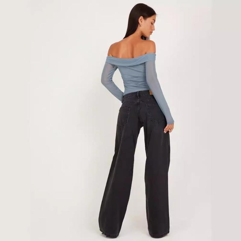Women's Summer New Fashion Slim Long Sleeved One Line Collar Gauze Short Top