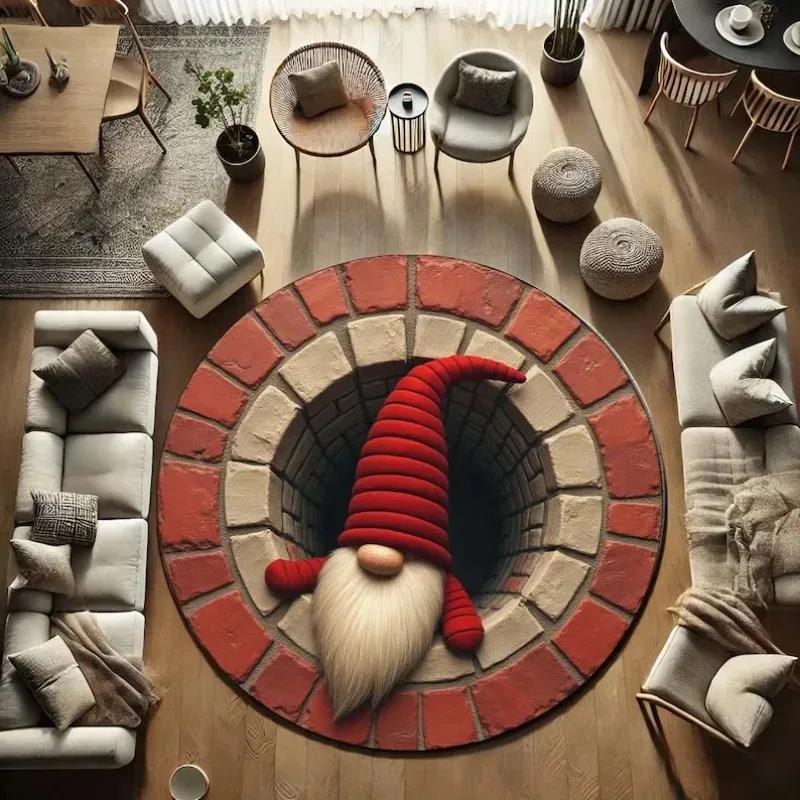 Christmas Gnome 3D Illusion Rug Cute Holiday Round Carpet Festive Xmas Floor Mat Nordic Gnome Christmas Gift Home Decor