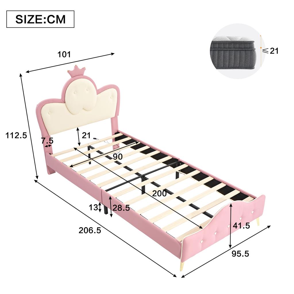 Upholstered Bed, Children's Bed, with Soft Protective Edges, Monochrome LED Strip, Headboard with Crown, Single Bed, PU, Pink+White, 90x200CM