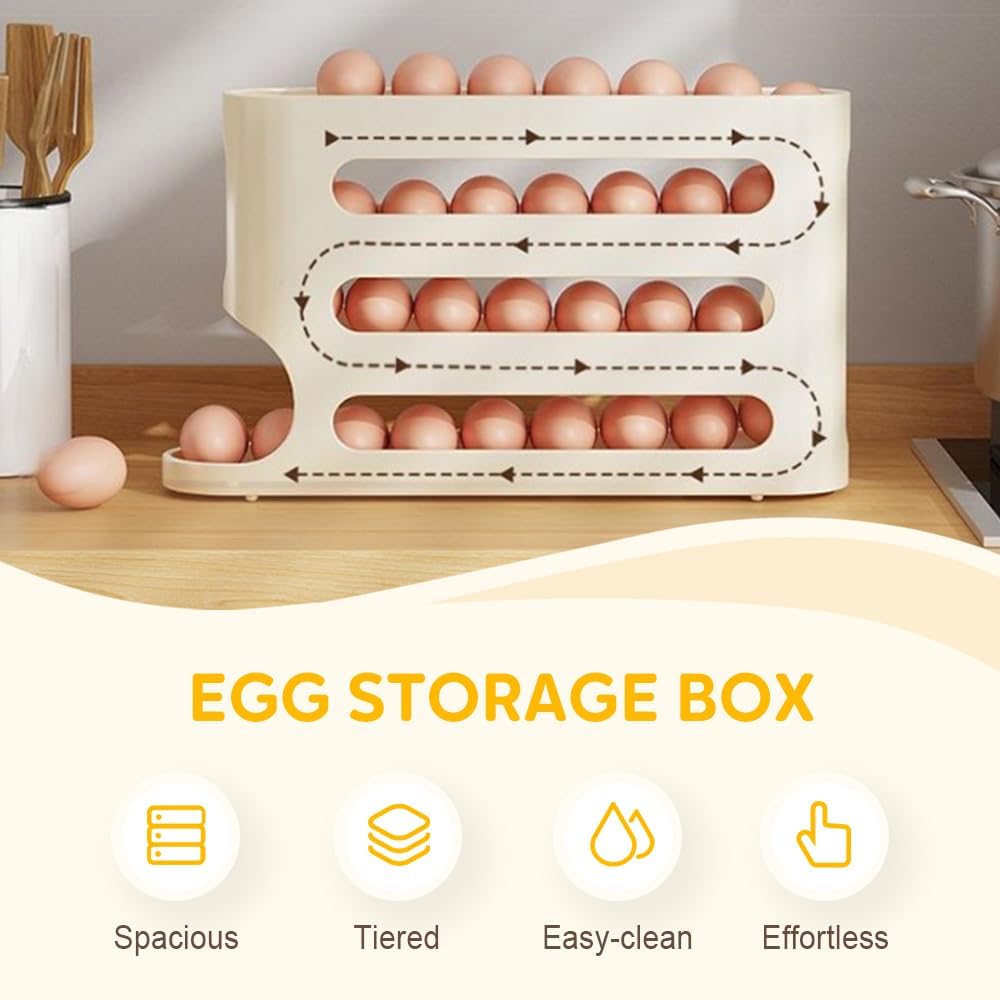 Large-Capacity 4 Tiers Egg Holder Auto Rolling Fridge Egg Organizer Dispenser for Refrigerator Cabinet Kitchen Egg Storage Tray