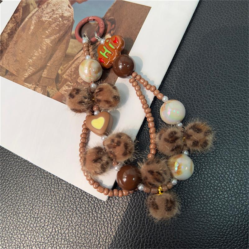 1pc Luxury Leopard Print Rhinestone Star Bracelet Pendant Simplicity Plush Short Phone Strap Style Phone Earphones Chain Pendant