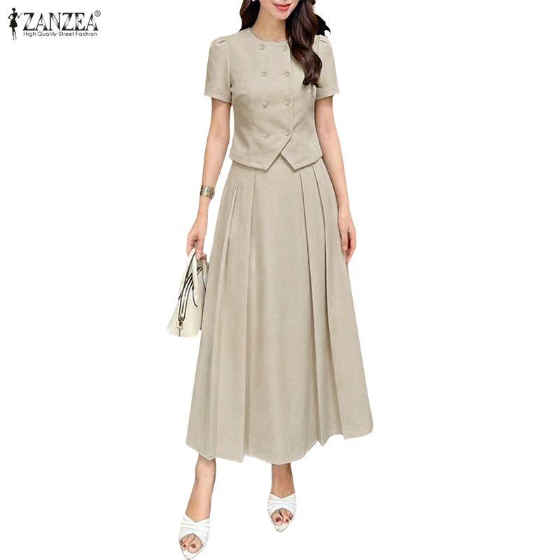 ZANZEA Blusa a Maniche Corte da Donna e Gonne Lunghe Casual Set Completi Due Pezzi