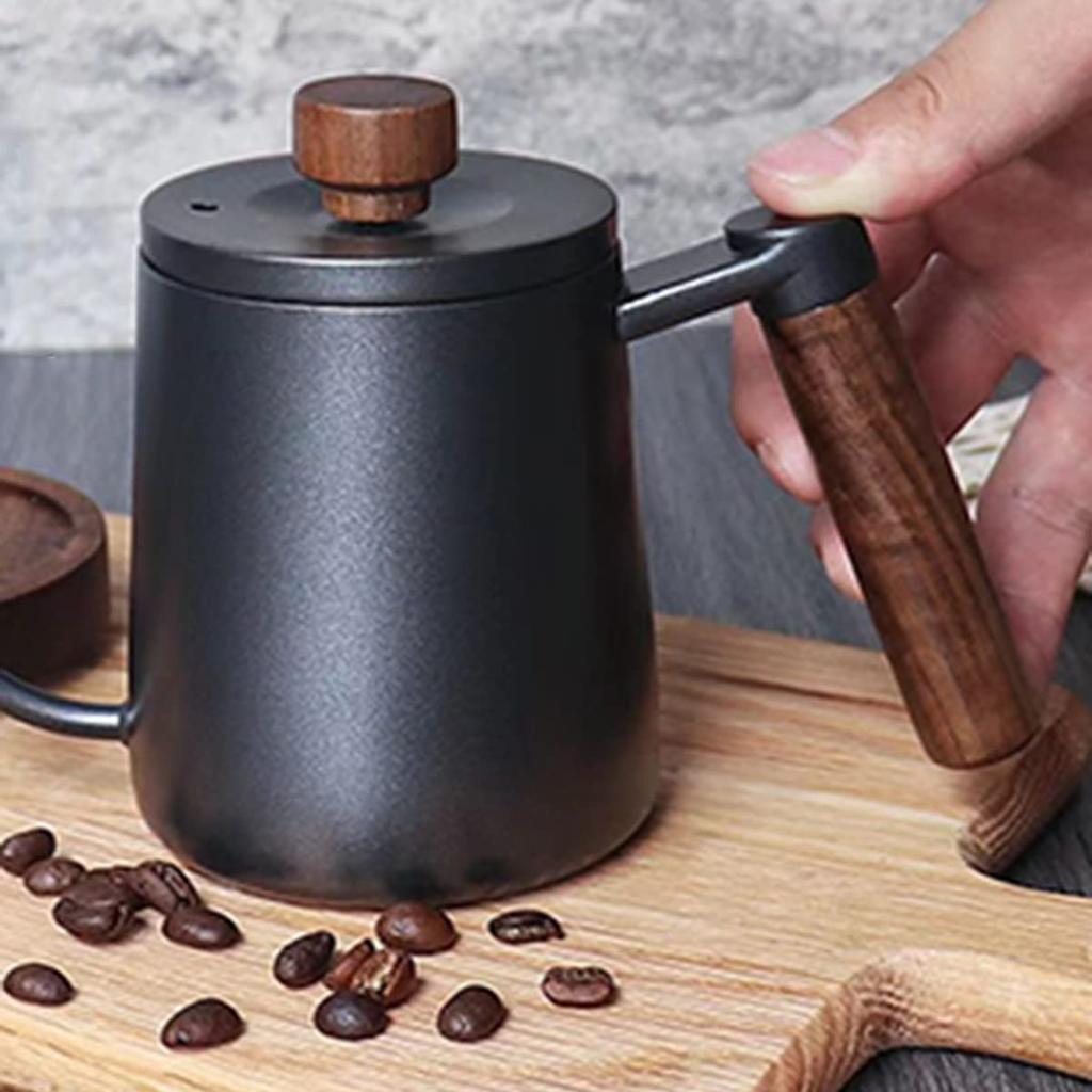 SOVIFKI Coffee Drip Pot with Measuring Cup, Walnut Wood Handle, Coffee Kettle with Lid, 550ml, Stainless Steel, Narrow Mouth, Suitable for Outdoor
