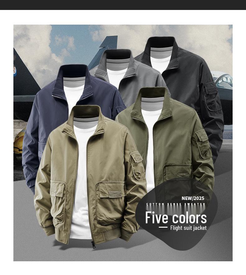 Men's Trendy Korean Style Stand Collar Bomber Jacket - Windproof, Solid Color for Spring & Autumn Outdoor Sports