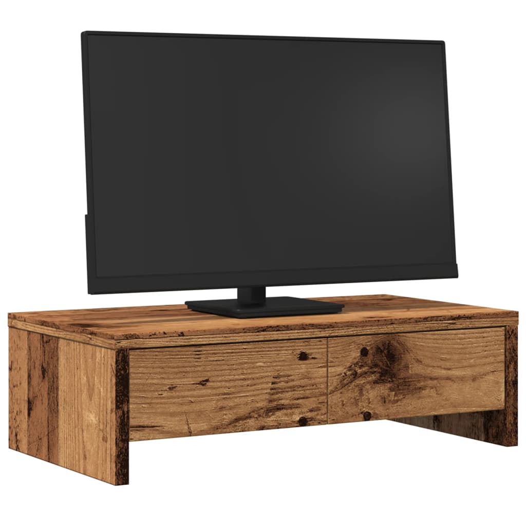 Dual Monitor Stand with Drawers Rustic Wood Look 50 X 27 X 15 Cm
