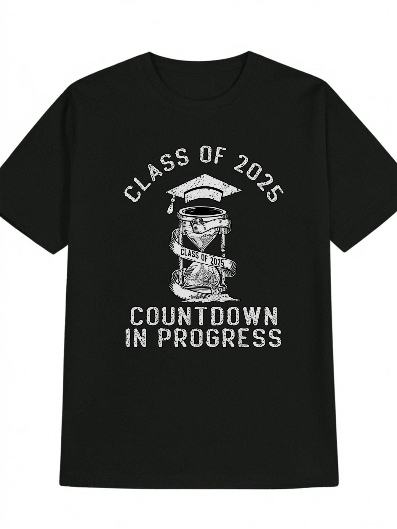 

Casual Round Neck T-shirt with Class of 2025 and Graduation Cap Design - Black L