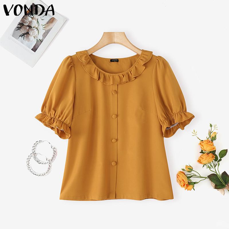 VONDA Women Summer Ruffled Neck Puff Sleeve Solid Color Casual Cropped Blouse