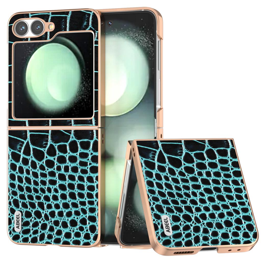 ABEEL For Samsung Galaxy Z Flip7 FE 5G/Z Flip6 5G Case Electroplating Edge Crocodile Texture Genuine Cow Leather Back Cover