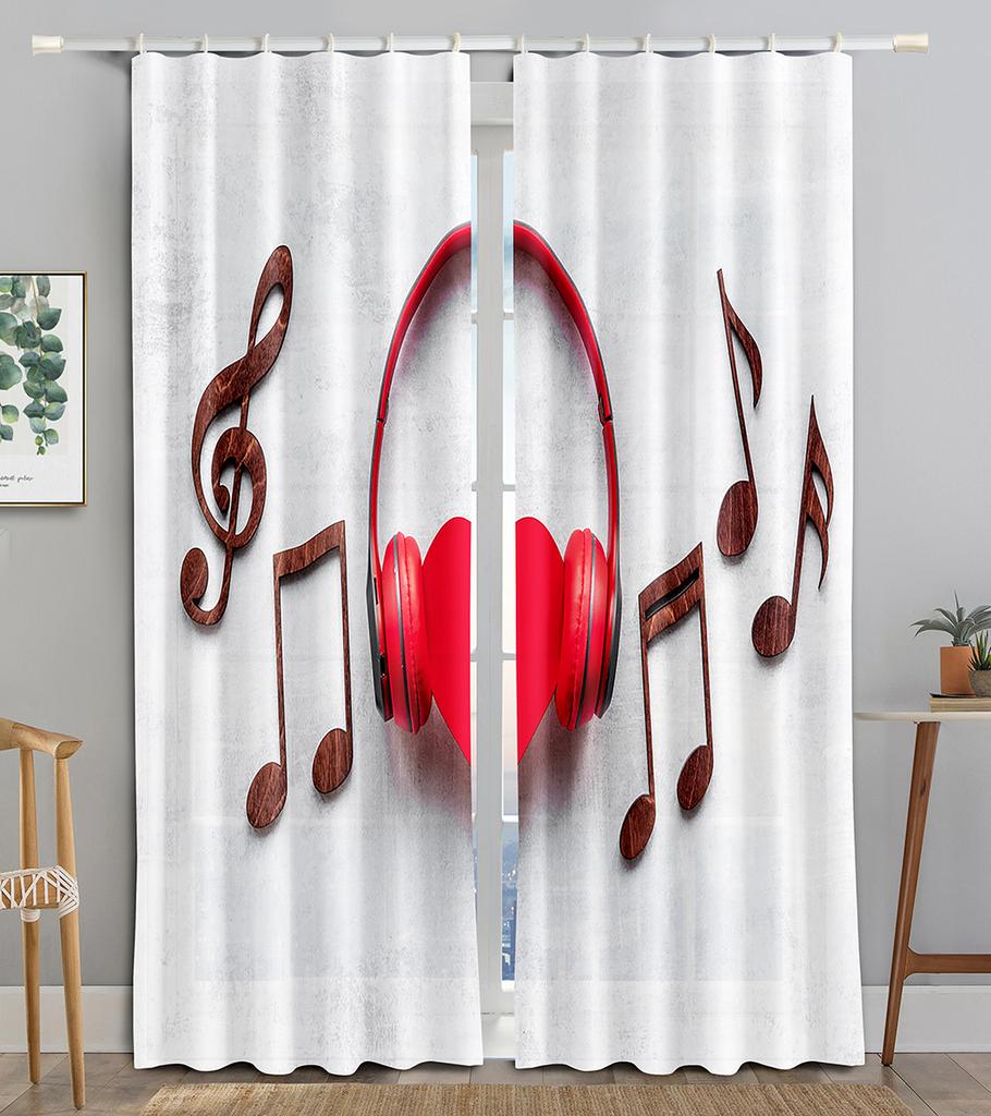 Earphone Music Red Heart Pink WaveBlackout Window Curtain for Living Room Bedroom Bathroom Kicthen Door Cupboard Decor Hooks
