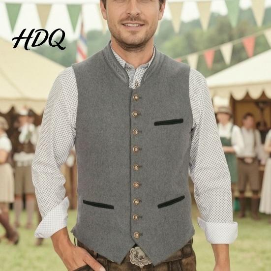 Retro Single Breasted Waistcoat Men Oktoberfest Vest Traditional Costume Waistcoat Stand-Up Collar Button-up Theme Party Vest Gilet Sleeveless