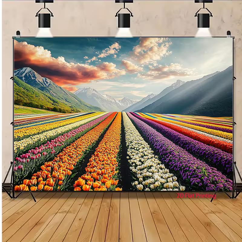 2D Spring Nature Tulip Farm Backdrop Scenic Mountain Landscape Party Photo Booth Cloth
