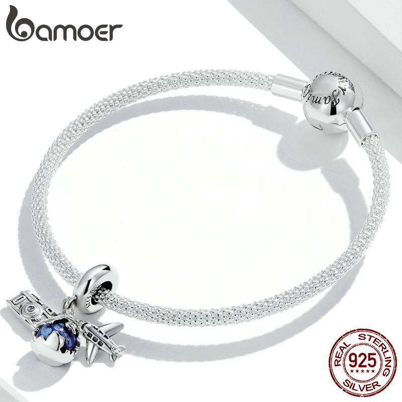 Bamoer Genuine 925 Silver Travel Round the World-Mini Camera Pendant Fit for Bracelet or Bangle Plane Charms Jewelry