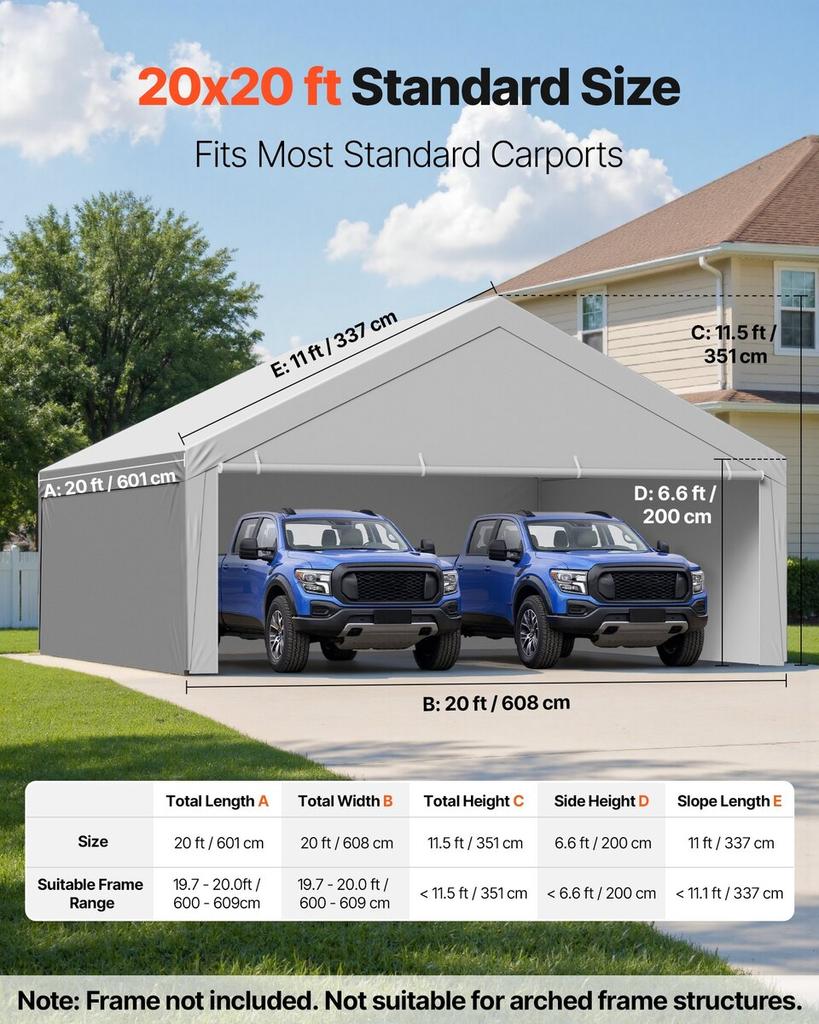 Carport Replacement Canopy, 6 x 6 m Potable Garage Tent Top Tarp with Sidewalls, UV-Resistant & Waterproof, Heavy Duty Car Shelter Tarp with Ball