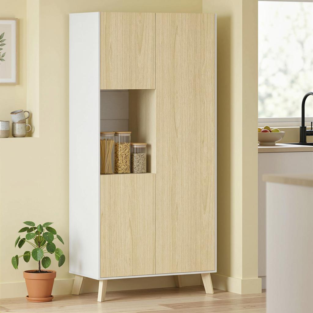 170 cm Kitchen Cabinet, Modern Cabinet with Open Compartment, Adjustable Shelves, Natural Wood Look