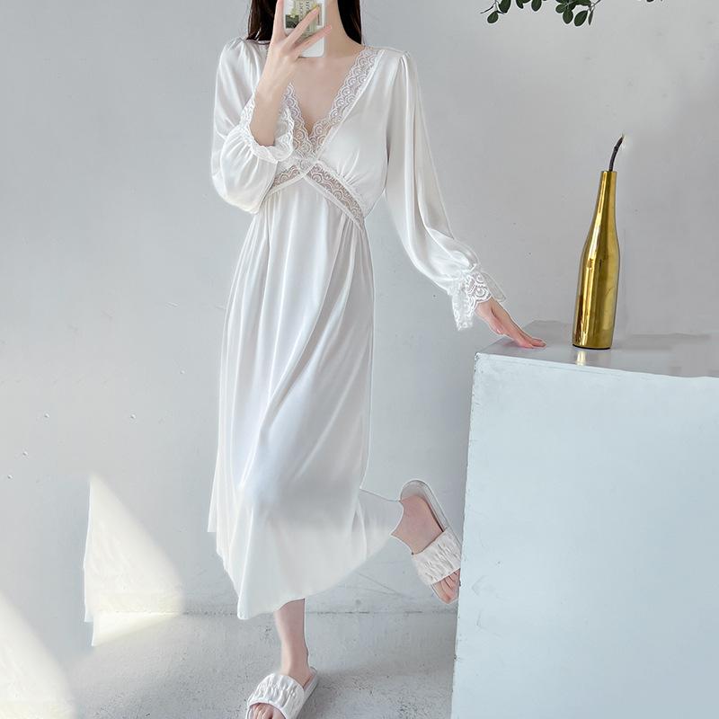 Spring and summer pajamas women's ice silk boyfriend wind 1011 new long-sleeved pure desire pajamas sexy lace dress
