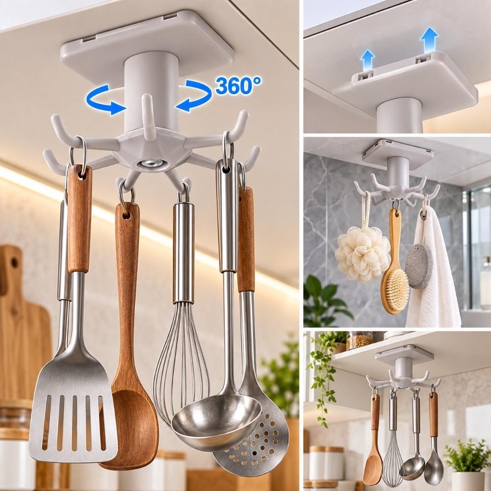 3pcs Strong Bearing Kitchen Utensil Hooks 360 Degree Rotation Adhesive Hanging Rack  For Kitchen