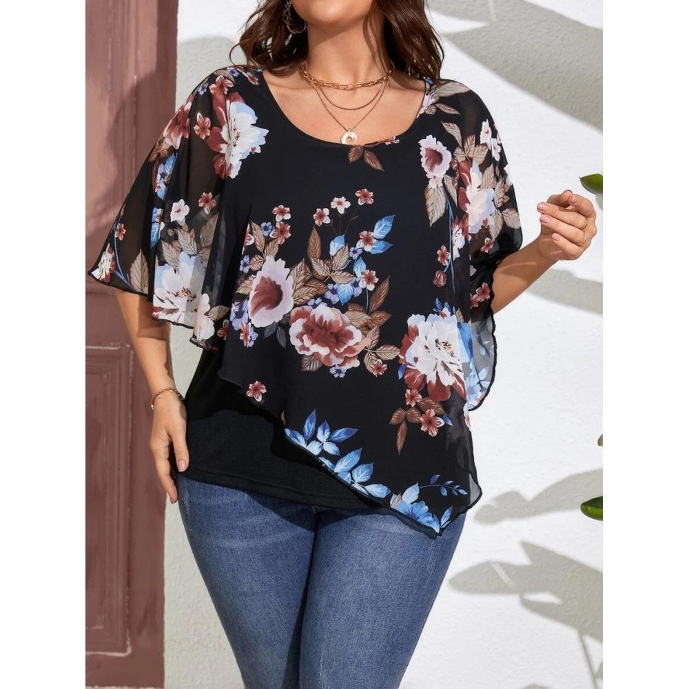 Plus Size Women's Chiffon Shawl Fake Two Piece T-Shirt