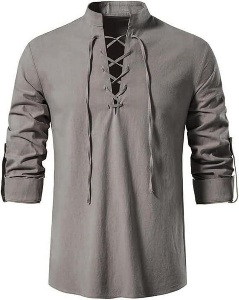 Herren Stehkragen Langarmhemd Baumwolle Henleys Shirt Hippie Lässig Strandhemd