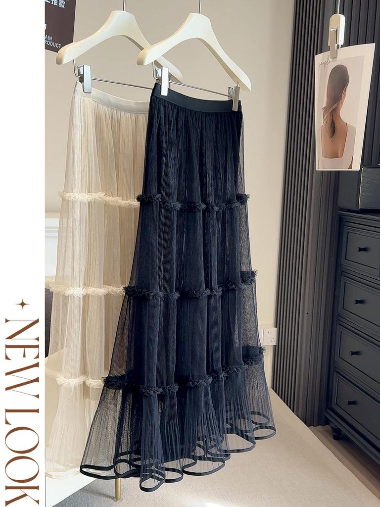 Velvet Mesh Patchwork A-Line Skirt - Women's Mid-Length Pleated Fairy Skirt, Autumn/Winter 2025.