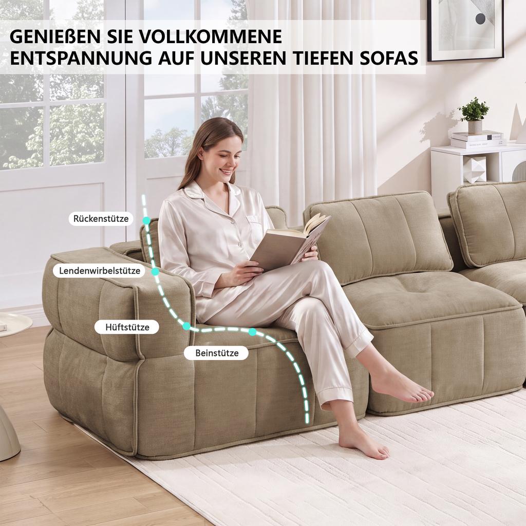 Modular Two-Seater Sofa with Two Stools, Without Struts, 32D High-Density Foam, Deep Seat, Soft Fabric, Ideal for Living Room and Apartment, Sand.