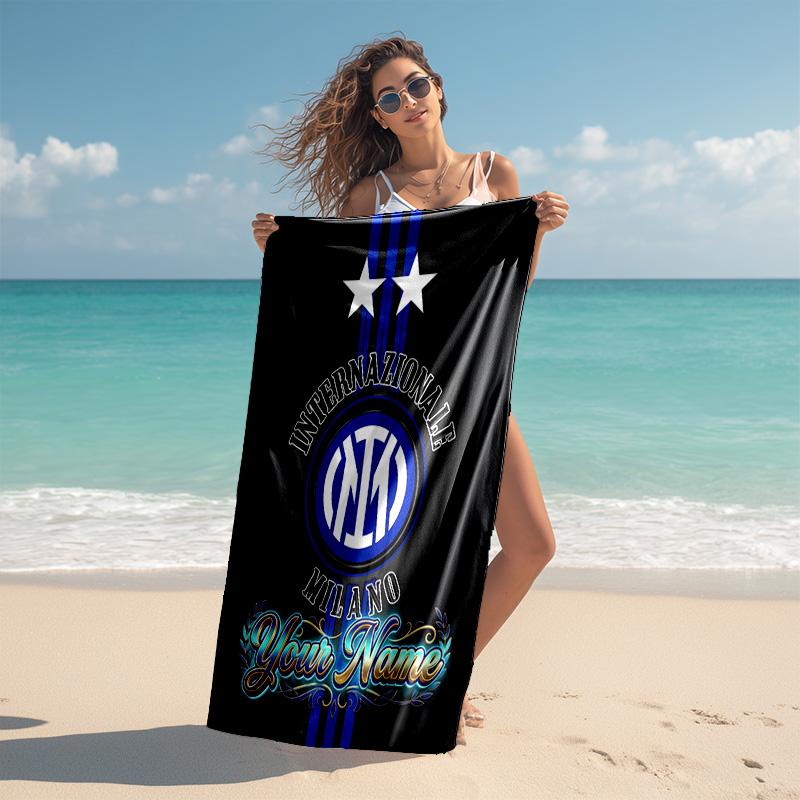 1pc Internazionale Milano Beach Towel with Custom Name, Beach and Seaside Swimming Pool Equipment, Fashion Pattern, Rectangular, Travel Essential