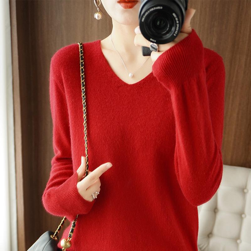 Women's V-Neck Pullover Sweater 2023 - Autumn/Winter Slimming Plus Size Basic Knit Top