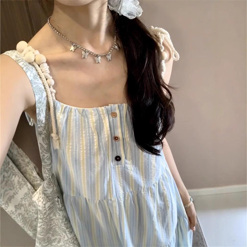 Holiday Style Striped Suspender Dress Women's Summer New French Temperament Loose Small Fresh Blue Dress