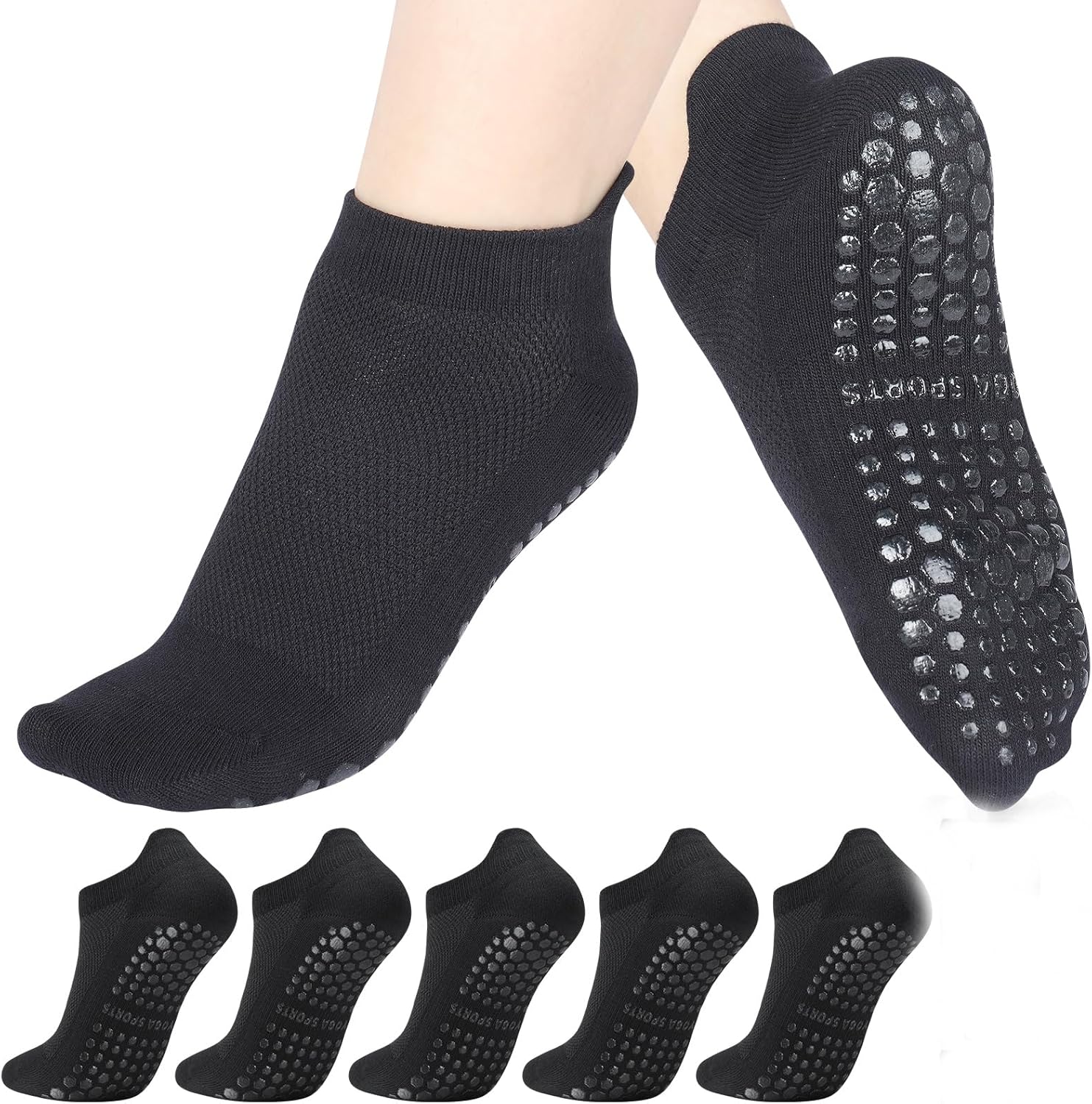 

5 Pairs Pilates Yoga Grip Socks, Women Non Slip Grip Socks for Hospital, Dance, Yoga, Size UK 4-7 One Size чорний