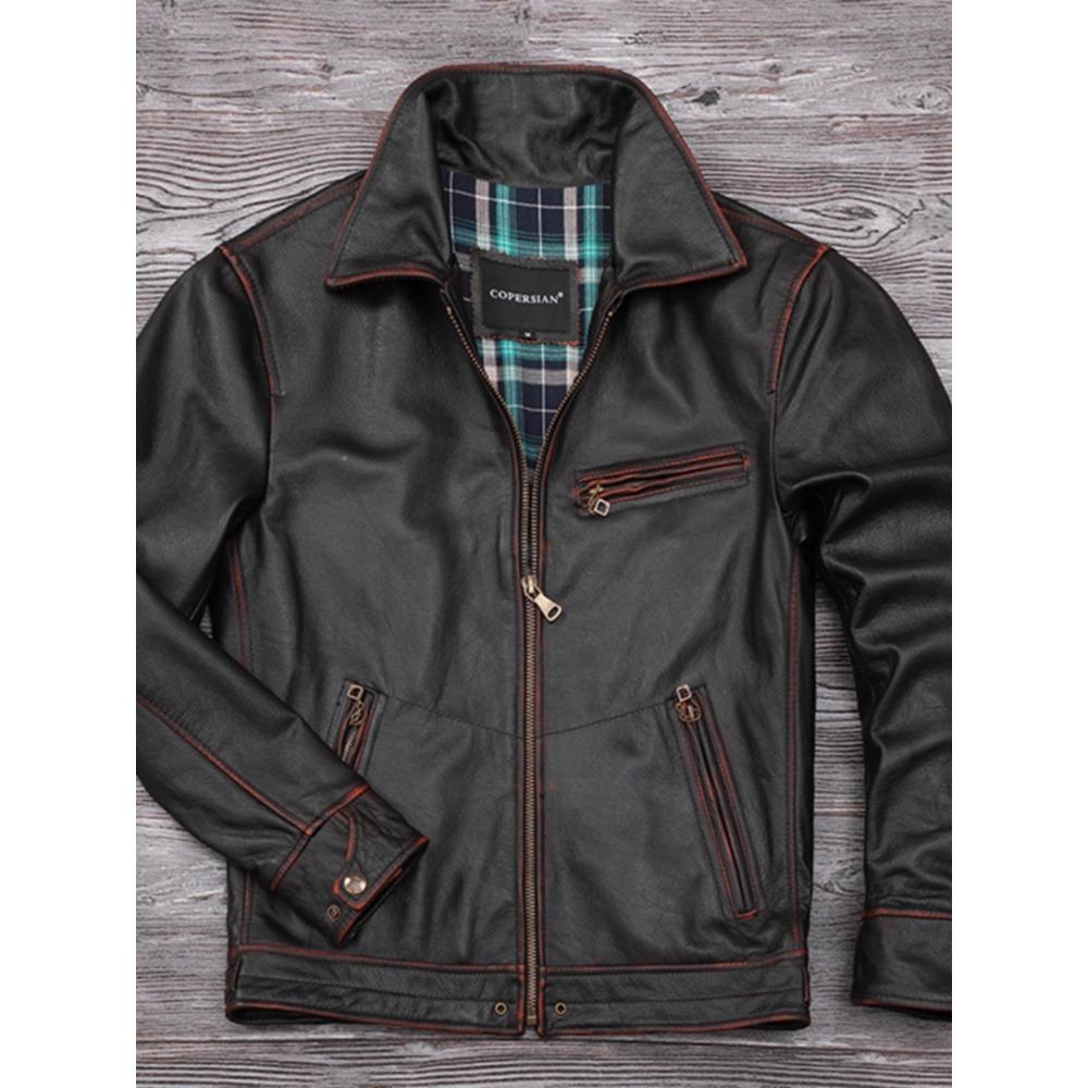 Chinese Size Genuine Cowhide Leather Men Leather Jacket Jackets Hand Edged Coat Men Leather Jacket Autumn